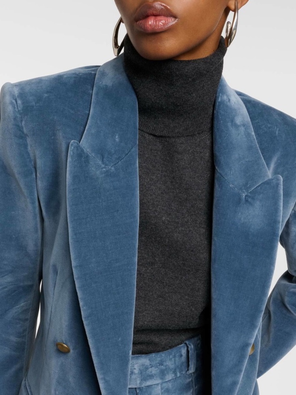 FRAME Double-Breasted Cotton-Blend Velvet Blazer Blue with Gold Accents Size 6 - Picture 3 of 15